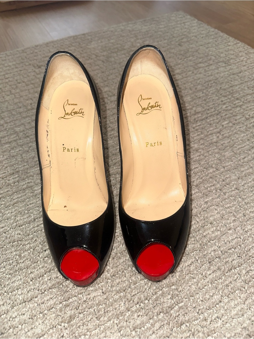 Christian Louboutin Black Patent Peep-Toe Pumps with Red Toe